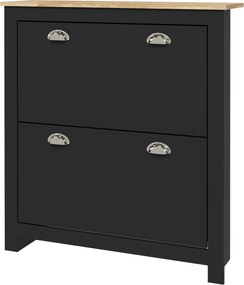 Sapateira com 2 portas basculantes 79 x 23 x 90,5 cm,, 2 compartimentos, puxadores em forma de concha em metal, preto e cor carvalho