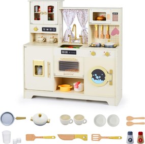 Cozinha de brincar em madeira para crianças 95 x 32 x 96 cm com forno micro-ondas, torneira e vários acessórios para maiores de 3 anos, bege