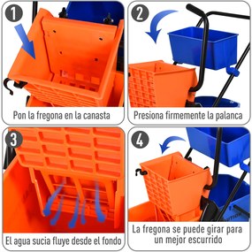 HOMCOM Balde para esfregona comercial Balde para esfregona com escorredor de baixa pressão 26L Capacidade com 4 rodas silenciosas Baldes separados duplos 78x45x95cm Laranja e azul