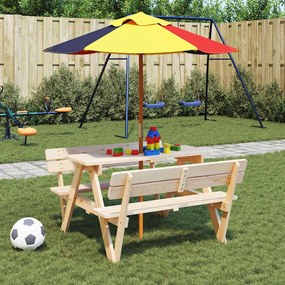 vidaXL Mesa de piquenique para 4 crianças com guarda-sol abeto maciço