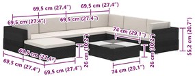 8 pcs conjunto lounge de jardim c/ almofadões vime PE preto