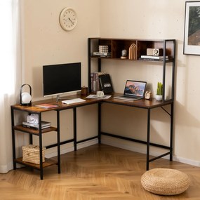 Secretária em forma de L  150 x 120 x 148 cm com compartimento de canto para computador com prateleiras e gancho para auscultadores com estante castan