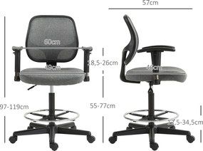 Cadeira de escritório com assento alto ajustável, braços 60 x 57 x 97-119 cm com rodas, cinzenta