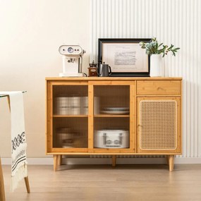 Aparador Lousã em Bambu com Portas de Vidro e Ratã – 120x35x83 cm – Na