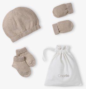 Conjunto gorro, luvas, sapatinhos e bolsa personalizável, para recém-nascido bege mesclado