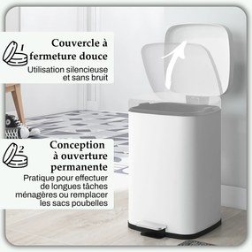 Caixote do lixo de cozinha de 20 L com tampa de fecho suave e pedal 28 x 35 x 45 cm, balde interior removível, branco