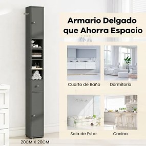 Armário alto estreito 20 x 20 x 180 cm~para casa de banho estreito de arrumação com 1 gaveta e 5 prateleiras ajustáveis Cinza