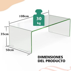 Mesa de centro em forma de U em vidro temperado com arestas suaves e arredondadas 108 x 50 x 35 cm Transparente