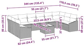 Conjunto de Sofás de Jardim com 11 peças e almofadas de rattan sintéti
