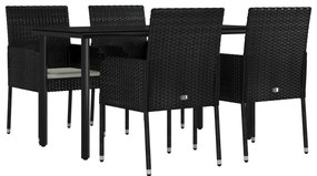 5 pcs conjunto de jantar p/ jardim c/ almofadões vime PE preto