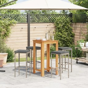 5 pcs conjunto de bar p/ jardim acácia maciça/vime PE cinzento
