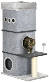 PawHut Arranhador em Forma de Cilindro para Gatos com 3 Níveis com Poste de Sisal Cama e Bola de Brincar 60x40x120cm Cinza