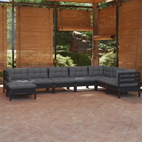 vidaXL 8 pcs conjunto lounge jardim c/ almofadões pinho maciço preto