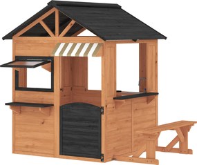 Casa Infantil em Madeira Casinha de Brincar com Cozinha de Brinquedo e Banco de Piquenique Casa de Jardim para Crianças de 3-8 Anos Castanho