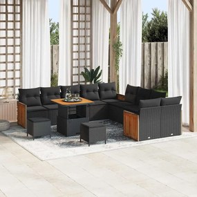Conjunto de Sofás de Jardim vidaXL de 13 Peças com Almofadas Preto Vime Sintético Acácia