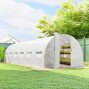 Estufa tipo túnel de 24 m²,  295 x 798 x 199 cm estufa de jardim tipo túnel com portas e 12 janelas com redes mosquiteiras, branca