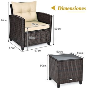 Conjunto 3 peças Pátio Conversação Mobiliário para Pátio Sofá Rattan Exterior com Almofada Lavável para Varanda de Jardim 67 x 67 x 76 cm Castanho