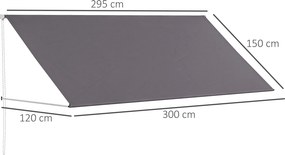 Toldo manual retrátil com inclinação ajustável, 300 x 120 cm, proteção UV, alumínio e poliéster cinzento escuro