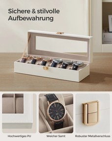Caixa para relógios com 6 compartimentos 11,2 x 30 x 8 cm, fecho metálico, ideia para presente, branco