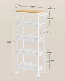 Carrinho de cozinha ou casa de banho 5 níveis estreito 22 x 45,4 x 99,6 carvalho e branco