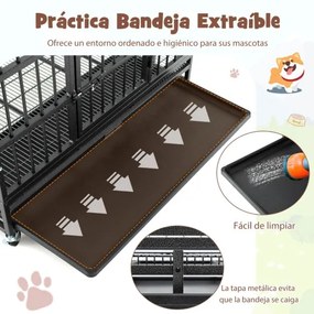 Parque Jaula dobrável para cães de 96 cm com rodas, fechadura, tabuleiro amovível, 2 portas, portátil, interior e exterior, preto