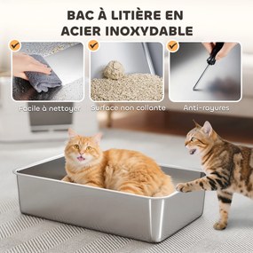 Caixa de areia XL em aço inoxidável para gatos de grande porte, tampa giratória a 100°, pá, 60,2 x 40,2 x 44,5 cm, cinzento claro