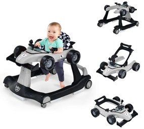 Andador 4 em 1 para crianças, dobrável, atividade de empurrar, com altura ajustável e carrilhão de velocidade com luzes, volante Cinzento