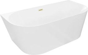 Mexen Oval Slim banheira independente encostada à parede 170 x 80 cm, branca, transbordamento dourado escovado - 52661708000-55