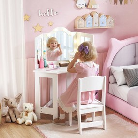Toucador infantil 2 em 1 com banco, espelho tríptico e luzes LED bicolores 93,6 x 48,5 x 111,5 cm branco