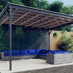 vidaXL 10 pcs conjunto lounge de jardim c/ almofadões vime PE cinzento