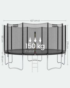 Trampolim de 427 cm com rede de segurança e varas retas e escada, preto