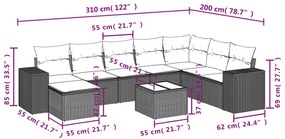 9 pcs conj. sofás jardim com almofadões vime PE cinzento-claro