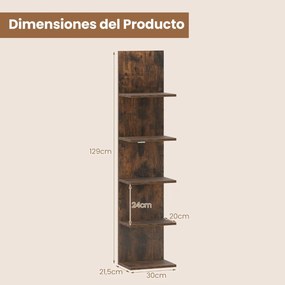 Estante de parede com 5 prateleiras flutuante vertical 30 x 21,5 x 129 cm para quarto, sala de estar, casa de banho, Castanho rústico