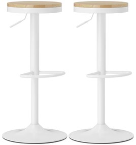 HOMCOM Conjunto de 2 Bancos de Bar Giratórios Bancos Altos de Cozinha com Descanso para Pés 38,5x38,5x60-80 cm Madeira e Branco | Aosom Portugal