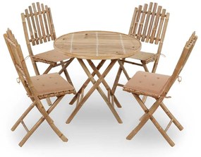 5 pcs conj. de jantar dobrável c/ almofadões p/ exterior bambu
