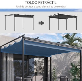 Pérgola de Jardim com Teto Retrátil 4 Cortinas Enroláveis de Poliéster e Estrutura de Metal 3,95x2,95 cm Cinza Escuro