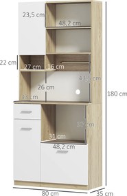 Armário Alto de Cozinha, 80 x 35 x 180 cm, Prateleiras Reguláveis, Branco