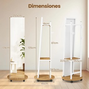 Espelho Pé de corpo inteiro com Cabide 45 x 135 cm, ganchos, estantes e rodas giratórias de 360° para quarto, armário ou hall de entrada, branco e nat
