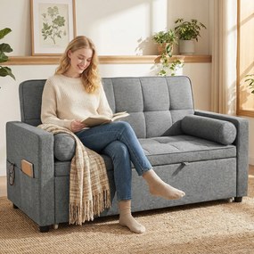 Sofá-Cama 2 Lugares 3 em 1 Deslizante em Tecido Linho com Encosto Ajustável Bolsos 2 Almofadas para Sala de Estar Cinza