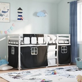 vidaXL Beliche com cortinas 90x200 cm pinho maciço branco e preto