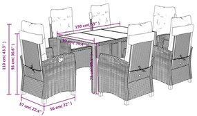 7 pcs conjunto de jantar p/ jardim c/ almofadões vime PE preto