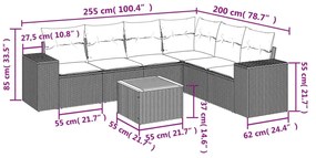 7 pcs conjunto sofás p/ jardim c/ almofadões vime PE cinzento