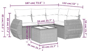 5 pcs conj. sofás jardim c/ almofadões vime PE cinzento-claro