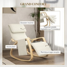 Cadeira relaxante basculante com apoio para os pés ajustável, bolso lateral e apoio para a cabeça, branco creme