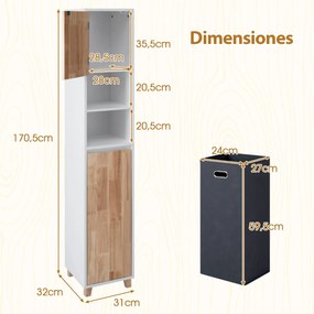 Armário para roupa suja para casa de banho 32 x 31 x 170,5 cm com portas em madeira de borracha Estante de 3 níveis e cesto para roupa suja Branco + N