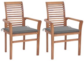 Cadeiras de jantar c/ almofadões cinzentos 2 pcs teca maciça