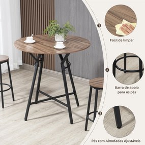 Conjunto de Mesa Alta e 2 Bancos de Bar Conjunto de Móveis de Refeição 3 Peças Estilo Industrial com Estrutura de Aço para Cozinha Sala de Estar Ø90x9