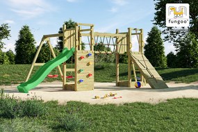 Parque infantil Crianças Exterior Maxi Funny Exposure KDI Com Escorrega, 2 Baloiços, rampa com corda de escalada, caixa de areia, parede de escalada