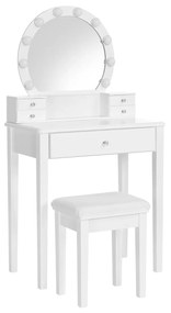 Conjunto de penteadeira VASAGLE com espelho, 10 lâmpadas reguláveis, moderno, banqueta acolchoada, 5 gavetas, 70 x 40 x 134 cm, ideia para presente, branco RDT151W01