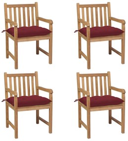vidaXL Cadeiras de jardim c/ almofadões vermelho tinto 4 pcs teca maciça